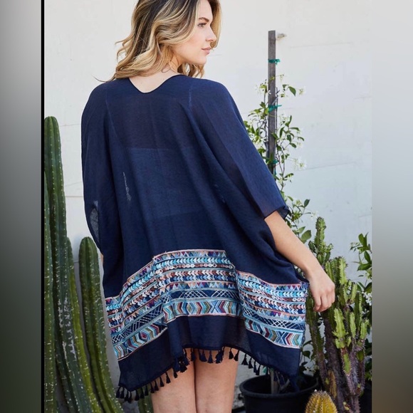 COPY - Embroidery Trim Kimono With Tassels In Blue - Picture 2 of 2